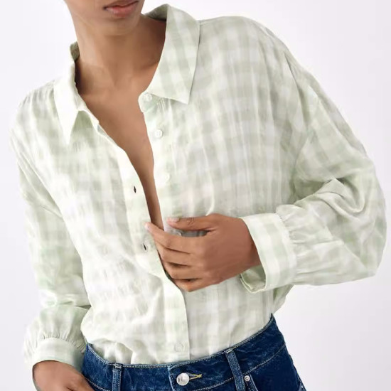 Zayna Sage Green White Check Collared Neckline Versatile Casual Breasted Closure Textured Lapel Long Sleeve Plaid Shirt Blouse