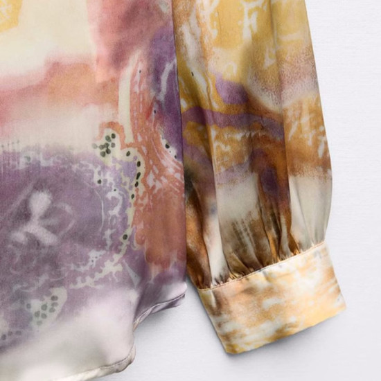 Tisha Soft Tie-Dye layered Tone Print Collared Neckline Long Sleeve Blouse
