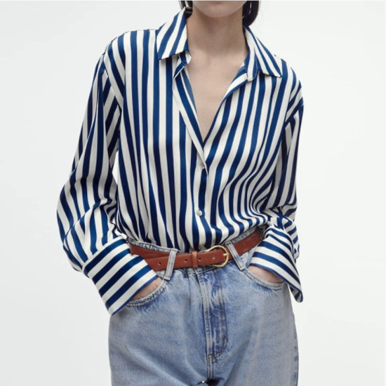 Isabella Stripe Blue White Silk Satin Button Collared Neckline Long Sleeve Blouse