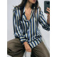 Amara Blue Black White Striped Silk Poly Collared V-Neck Twin Cuff Long Sleeve Blouse