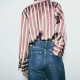 Amara Pink White Brown Striped Satin Poly Collared V-Neck Twin Cuff Long Sleeve Blouse