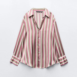 Amara Pink White Brown Striped Satin Poly Collared V-Neck Twin Cuff Long Sleeve Blouse