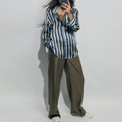 Amara Blue Black White Striped Silk Poly Collared V-Neck Twin Cuff Long Sleeve Blouse