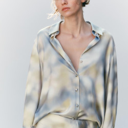 Imaan Soft Green Grey Silk Satin Tie-Dye Long Sleeve Blouse