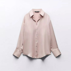 Imaan Soft Pink Satin Silk Long Sleeve Blouse