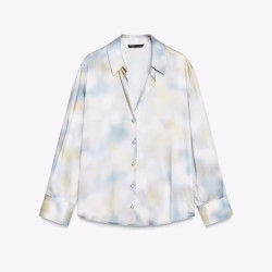 Imaan Soft Green Grey Silk Satin Tie-Dye Long Sleeve Blouse