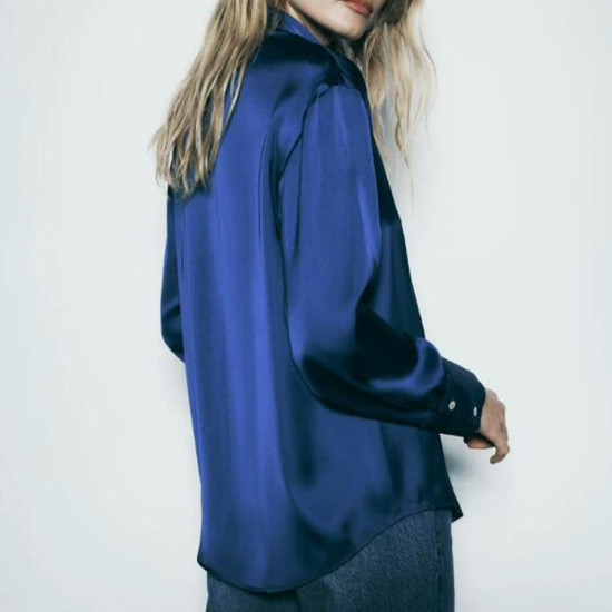 Imaan Soft Blue Satin Silk Long Sleeve Blouse