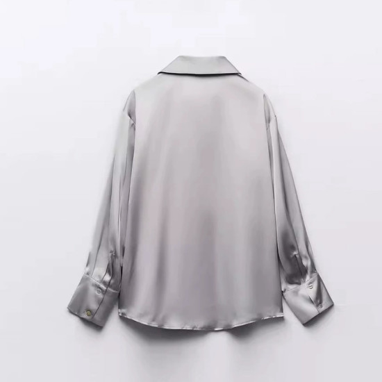 Imaan Soft Grey Satin Silk Long Sleeve Blouse