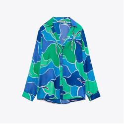 Ivy Vintage Silky Blue and Green Colour Printed Long Sleeve Blouse