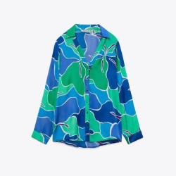 Ivy Vintage Silky Blue and Green Colour Printed Long Sleeve Blouse