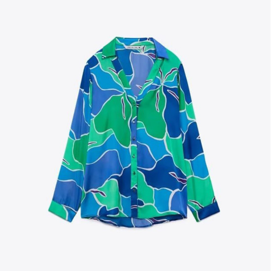 Ivy Vintage Silky Blue and Green Colour Printed Long Sleeve Blouse