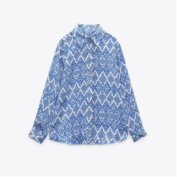 Hazel Blue Satin Diamond Printed Long Sleeve Blouse