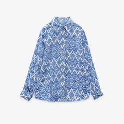 Hazel Blue Satin Diamond Printed Long Sleeve Blouse