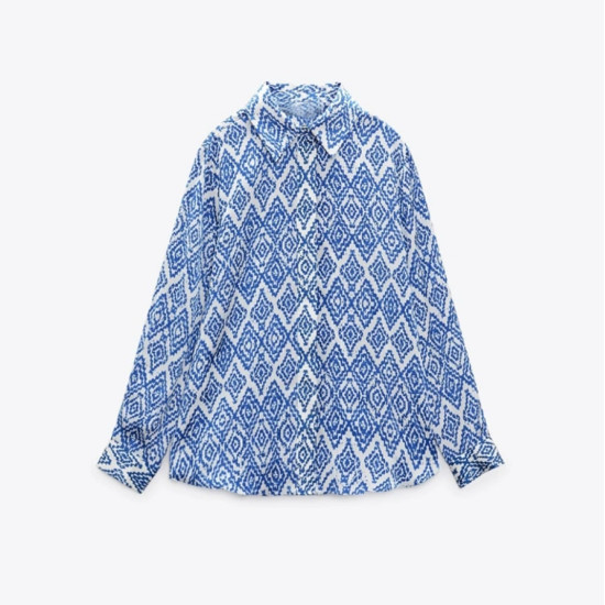 Hazel Blue Satin Diamond Printed Long Sleeve Blouse Hazel Blue Satin Diamond Printed Long Sleeve Blouse