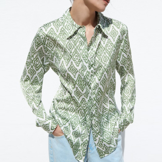 Hazel Green Silk Satin Diamond Printed Long Sleeve Blouse Hazel Green Silk Satin Diamond Printed Long Sleeve Blouse