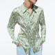 Hazel Green Silk Satin Diamond Printed Long Sleeve Blouse