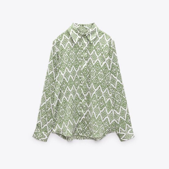 Hazel Green Silk Satin Diamond Printed Long Sleeve Blouse