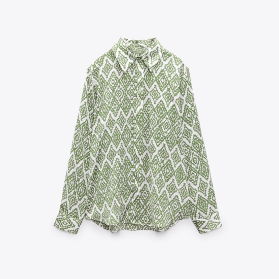 Hazel Green Silk Satin Diamond Printed Long Sleeve Blouse Hazel Green Silk Satin Diamond Printed Long Sleeve Blouse