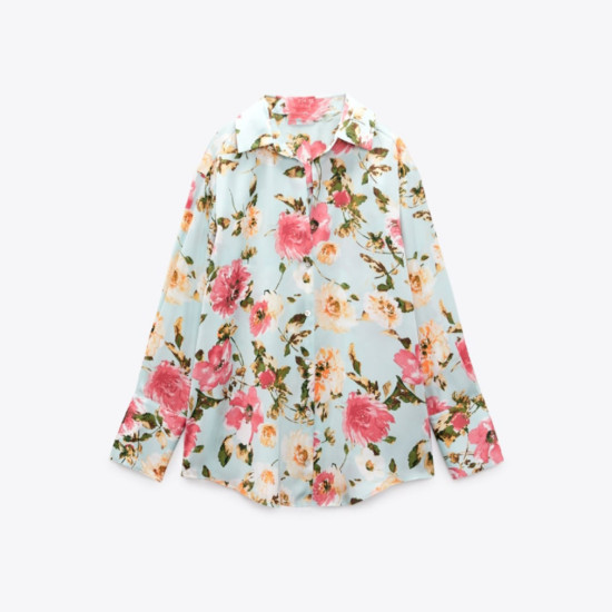 Sara Blue Floral Printed Silk-Satin Long Sleeve Blouse Sara Blue Floral Printed Silk-Satin Long Sleeve Blouse