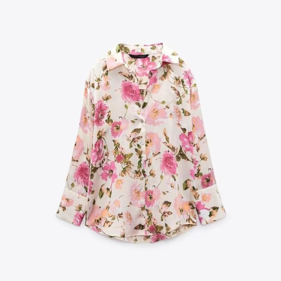 Sara Pink Floral Printed Silk-Satin Long Sleeve Blouse Sara Pink Floral Printed Silk-Satin Long Sleeve Blouse
