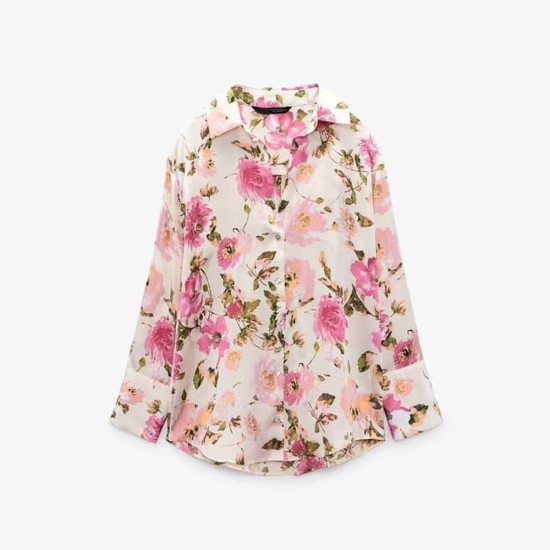 Sara Pink Floral Printed Silk-Satin Long Sleeve Blouse