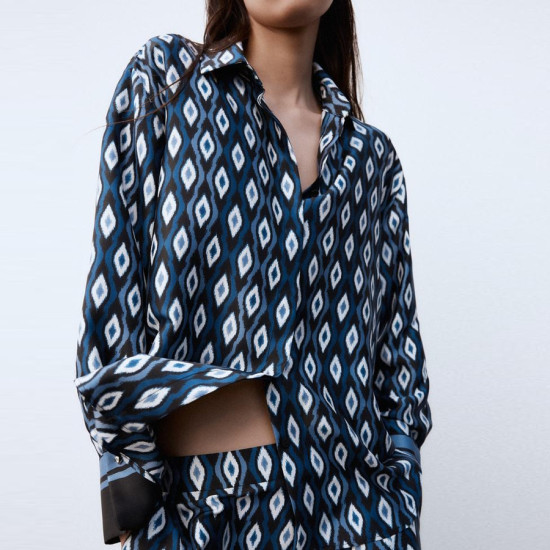 Esmay Blue Geometric Pattern Long Sleeve Blouse Esmay Blue Geometric Pattern Long Sleeve Blouse