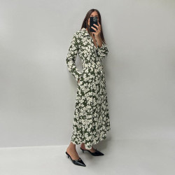 Adila Green Floral Printed Spring Wear Collared Neckline Design Long Sleeve Dress