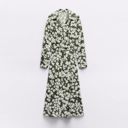 Adila Green Floral Printed Spring Wear Collared Neckline Design Long Sleeve Dress