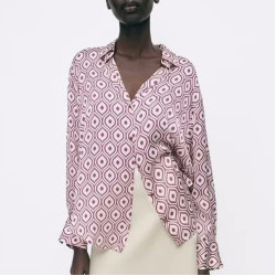 Adela Satin Pink Geometric Design Long Sleeve Blouse