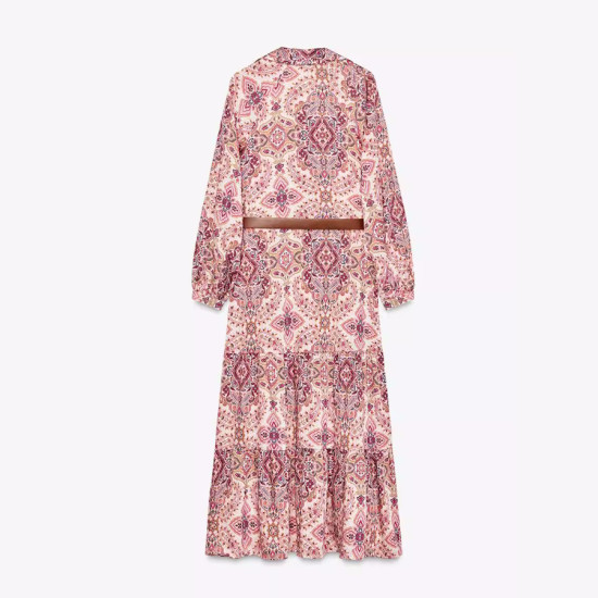 Rory Iznik Pink Geometric Printed Lapel Dress With Belt Rory Iznik Pink Geometric Printed Lapel Dress With Belt