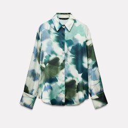 Ailin Satin Green Blue Tie-Dye Printed Long Sleeve Blouse