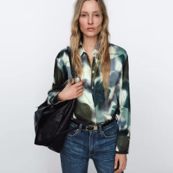 Ailin Satin Green Blue Tie-Dye Printed Long Sleeve Blouse