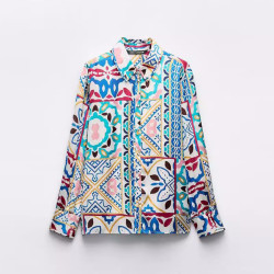 Abayomi Silk Satin Multicolour Printed Lapel Paisley Collared Neckline Long Sleeve Blouse