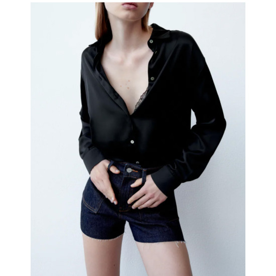 Hitomi Plain Silky Blouse - Jet Black Hitomi Plain Silky Blouse - Jet Black