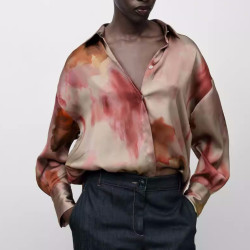 Nasya Collared Summer Tie-Dye Floral Long Sleeve Blouse