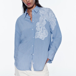 Jenny Sea Blue Striped Embroidered Long Sleeve Blouse
