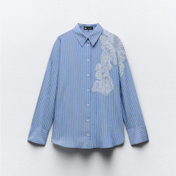 Jenny Sea Blue Striped Embroidered Long Sleeve Blouse