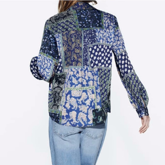 Bluebell Floral Patchwork Silk Satin Concealed Button Collared Long Sleeve Blouse