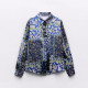 Bluebell Floral Patchwork Silk Satin Concealed Button Collared Long Sleeve Blouse