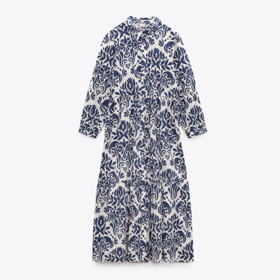 Maya Navy Blue Floral Summer Collared Puff Long Sleeve Dress Maya Navy Blue Floral Summer Collared Puff Long Sleeve Dress