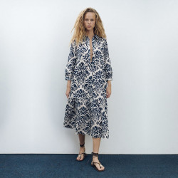Maya Navy Blue Floral Summer Collared Puff Long Sleeve Dress