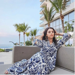 Maya Navy Blue Floral Summer Collared Puff Long Sleeve Dress