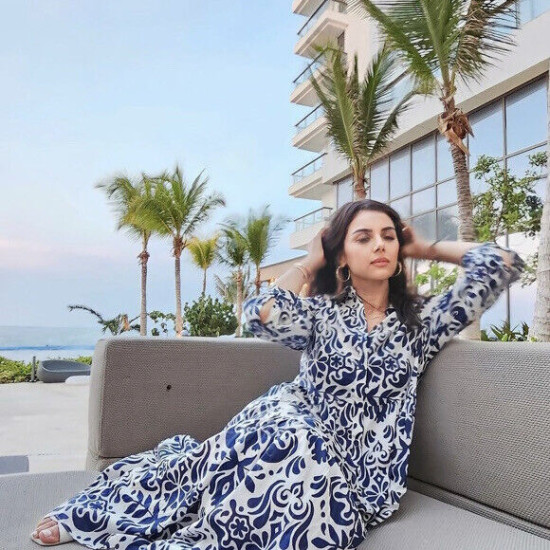 Maya Navy Blue Floral Summer Collared Puff Long Sleeve Dress
