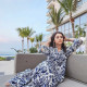 Maya Navy Blue Floral Summer Collared Puff Long Sleeve Dress