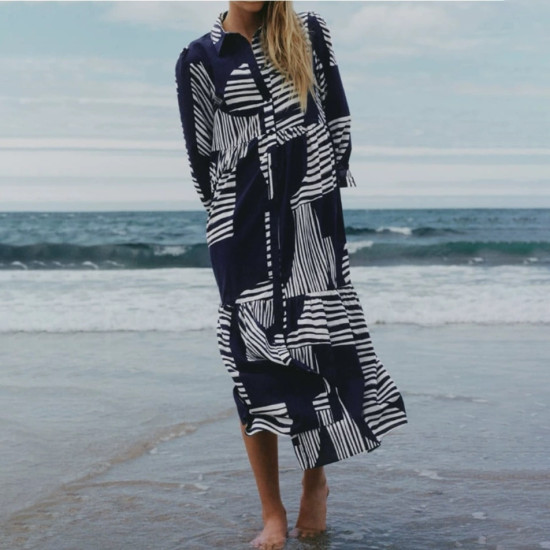 Hafsa Navy Blue Geometric Printed Long Sleeve Dress Hafsa Navy Blue Geometric Printed Long Sleeve Dress