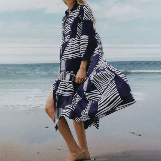 Hafsa Navy Blue Geometric Printed Long Sleeve Dress Hafsa Navy Blue Geometric Printed Long Sleeve Dress