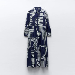 Hafsa Navy Blue Geometric Printed Long Sleeve Dress