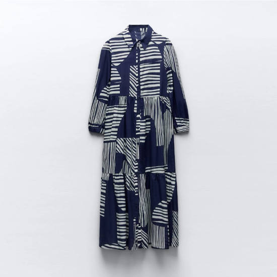 Hafsa Navy Blue Geometric Printed Long Sleeve Dress Hafsa Navy Blue Geometric Printed Long Sleeve Dress