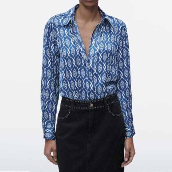 Ella Sapphire Geometry Blue Printed Long Sleeve Blouse Ella Sapphire Geometry Blue Printed Long Sleeve Blouse
