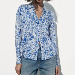 Azure Blossom Blue Printed Paisley Long Sleeve Blouse